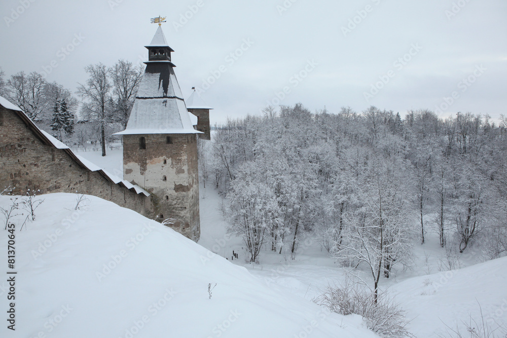 Russian winter. Pskovo-Pechorsky Monastery near Pskov, Russia.