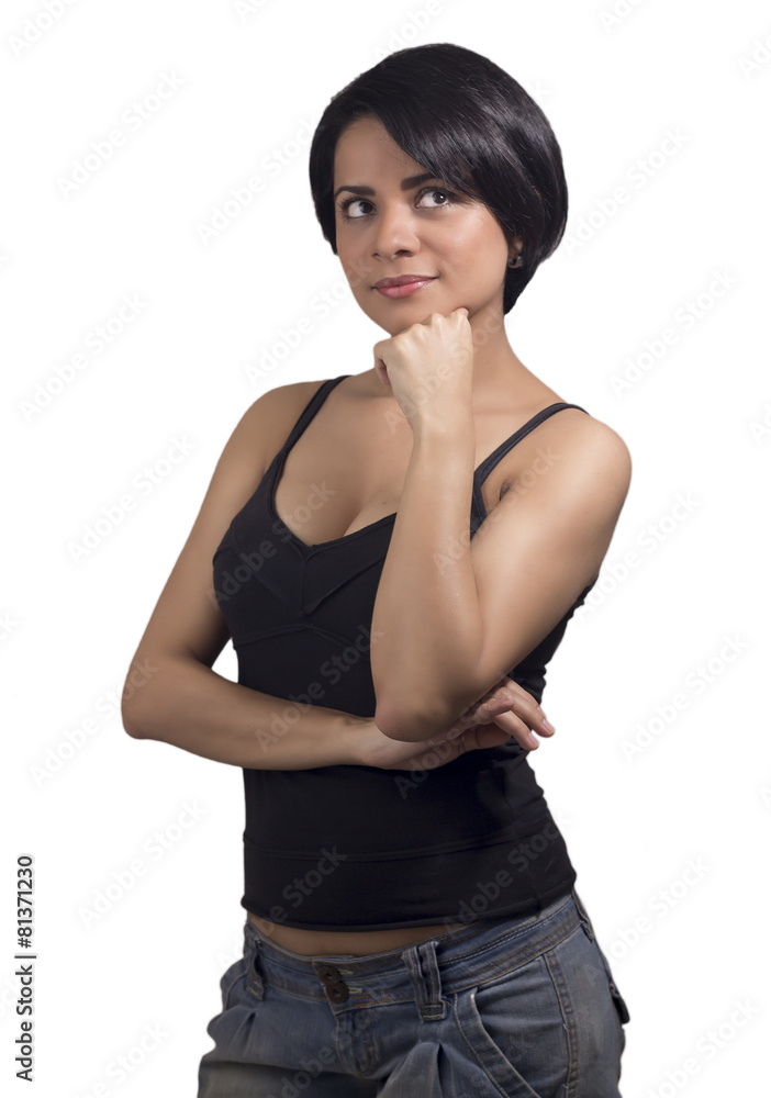 Young woman with short hair looking up over white background Young woman with short hair looking up over white background