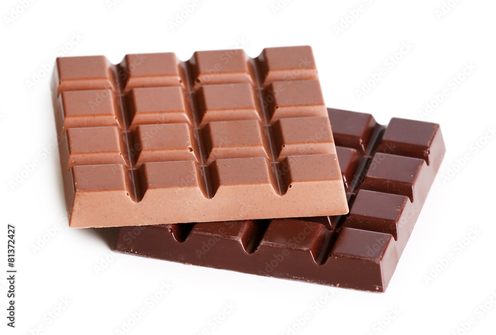 Milk and black chocolate bars isolated on white Milk and black chocolate bars isolated on white