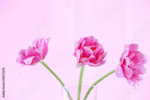 Pink tulips in glass vase on color background © Africa Studio