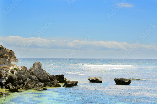 View on tropical beach and ocean in sunny day