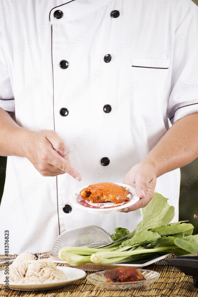 Chef present noodle with noodle ingredient Chef present noodle with noodle ingredient
