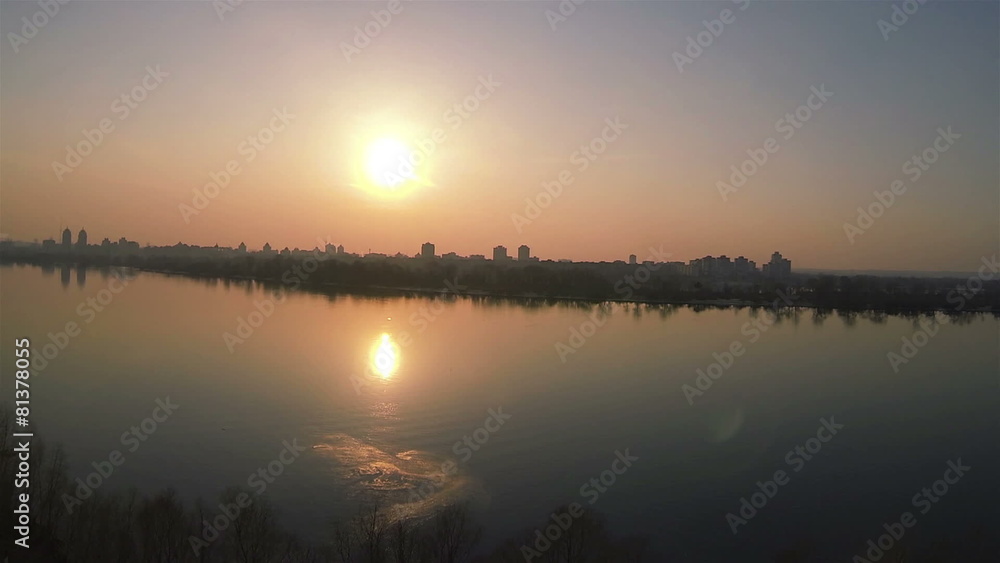 Lateral Flight over river with red sunset. Aerial shot Lateral Flight over river with red sunset. Aerial shot