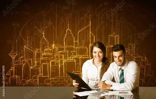 Business couple with buildings and numbers