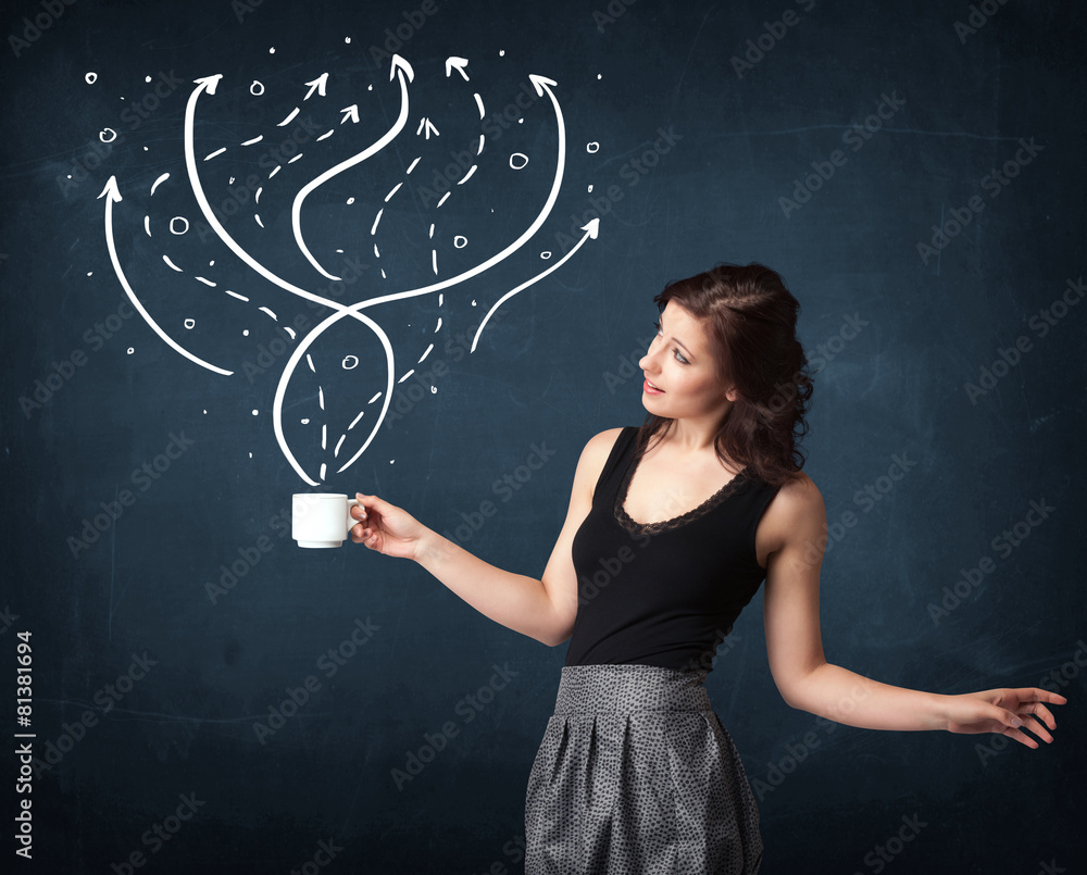 Businesswoman holding a white cup with lines and arrows
