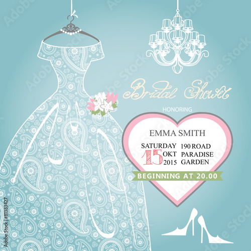 Bridal shower invitation.Wedding lace dress on hanger