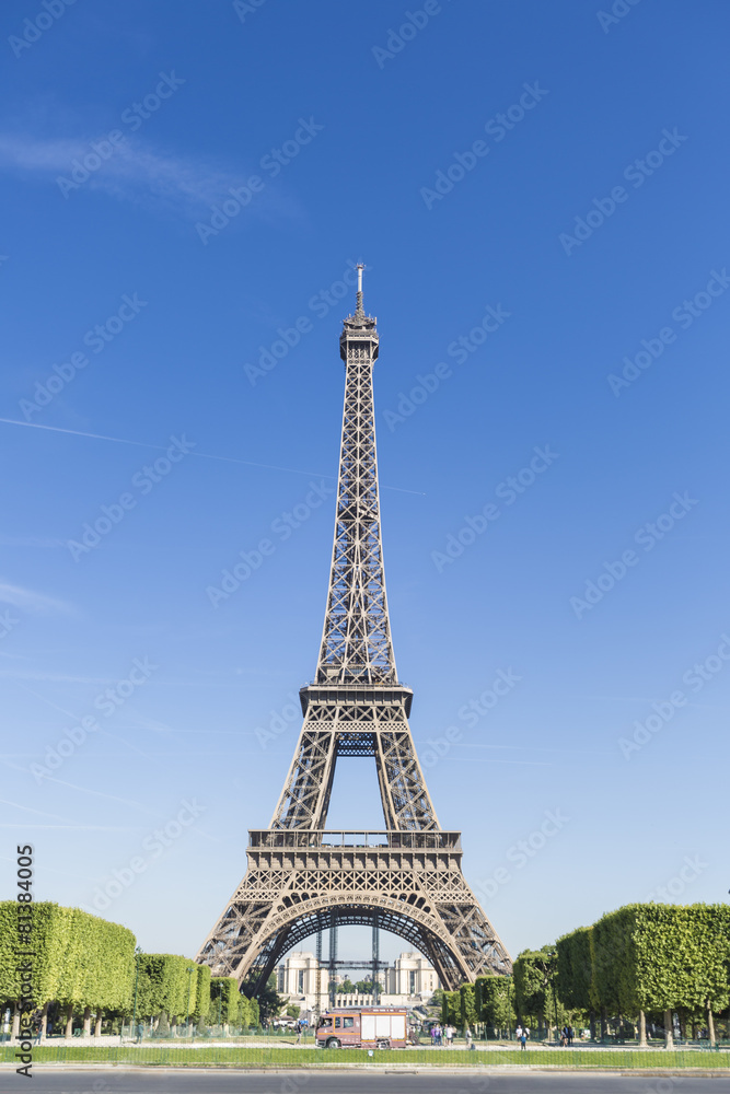 Clear blue sky and Eiffel Tower view.