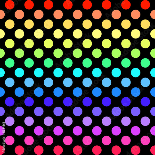 Seamless geometric pattern with multicolored polka dots on a bla