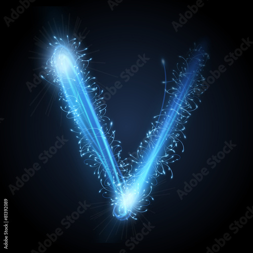 3d blue sparkler firework letter V