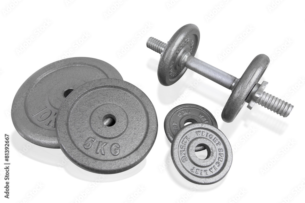Fototapeta Sprzęt do ćwiczeń fitness srebrny hantle i ciężarki płyta iso