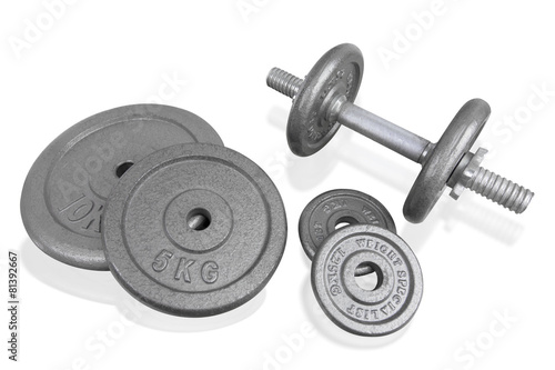 Fitness exercise equipment silver dumbbell and weights plate iso