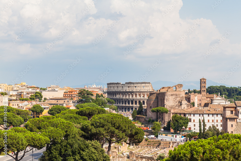 Rome cityscape with skylines of the ancient ruins