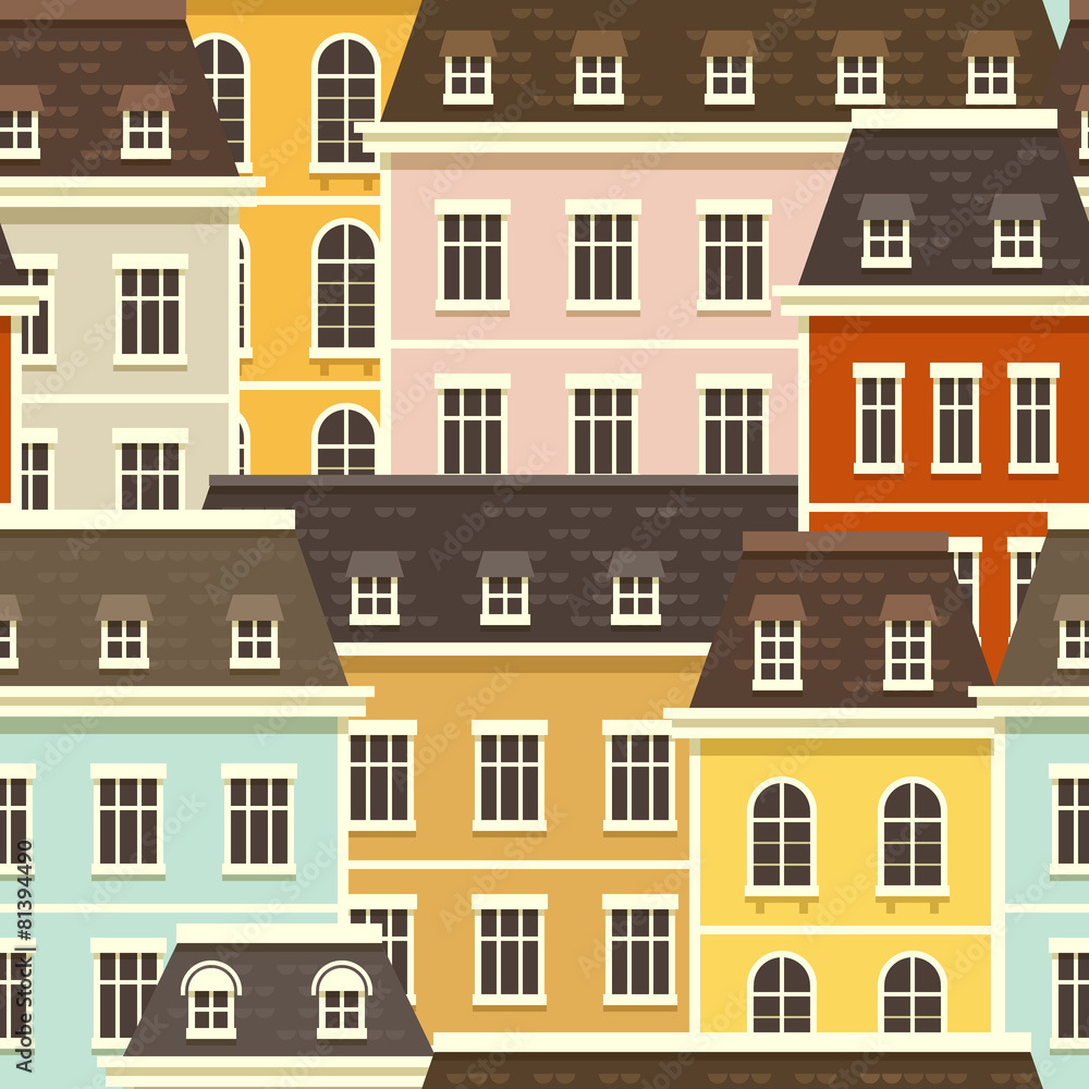 City Seamless Pattern. Vector illustration with tiny flat houses
