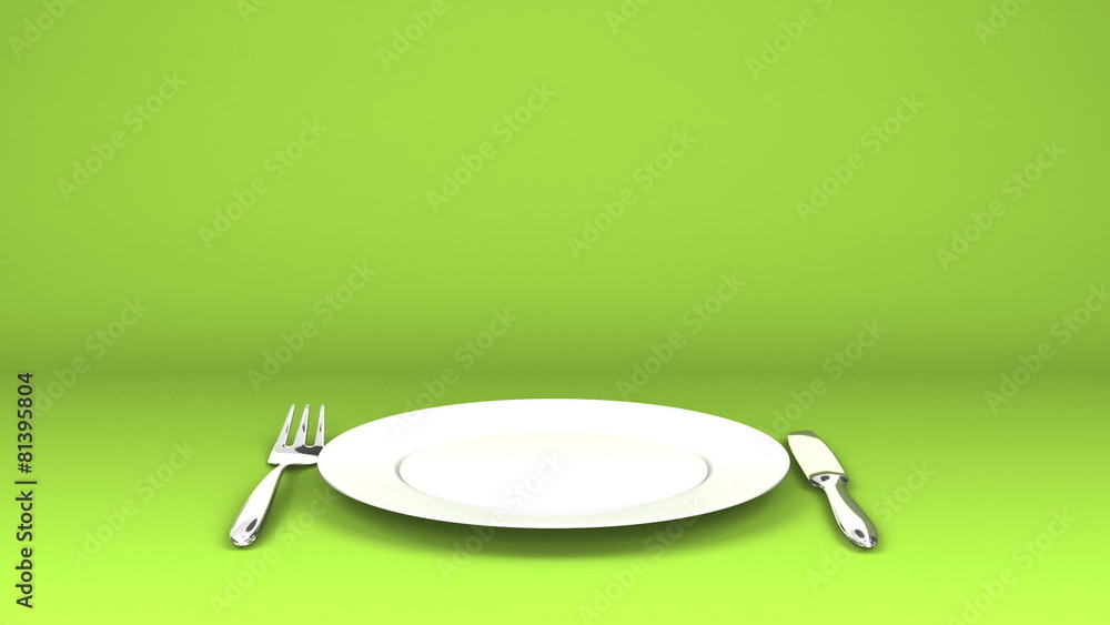 Cutlery And Dish On Green Text Space Cutlery And Dish On Green Text Space