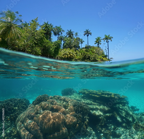 Split shot of tropical island and coral reef