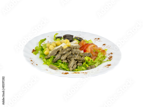 Salad with meat, olives, tomatoes and olives