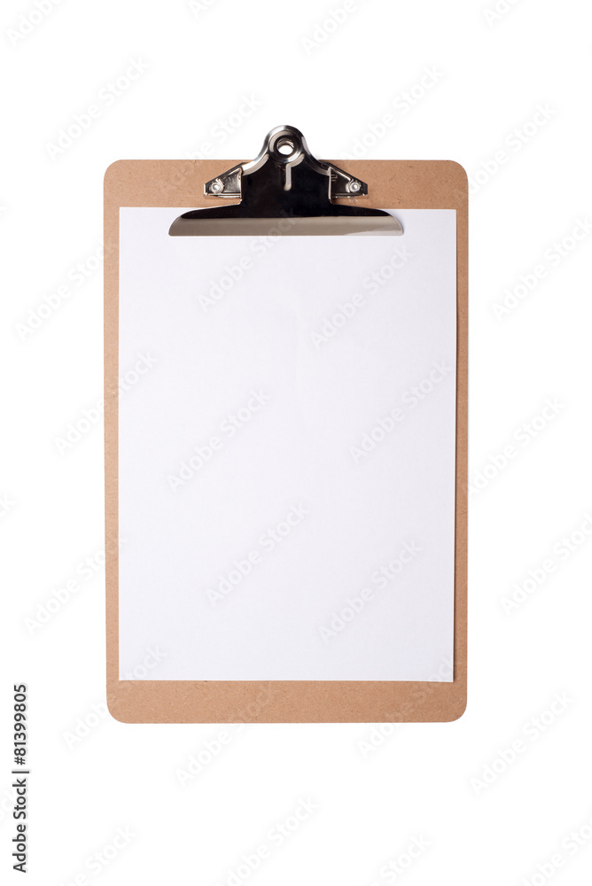 Brown clipboard with blank white paper on isolated background Brown clipboard with blank white paper on isolated background