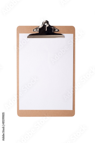 Brown clipboard with blank white paper on isolated background