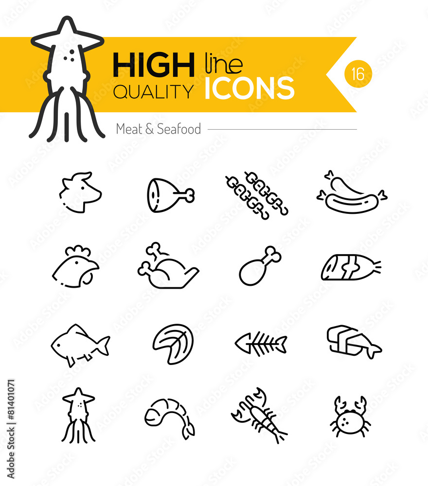 Meat & Seafood Line Icons including: Beef, chicken, fish, sushi - obrazy, fototapety, plakaty 