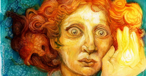 Man with red hair, detailed colorful artwork, ornamental 