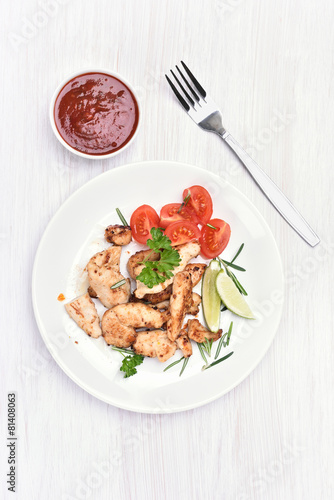 Chicken fillet with vegetable salad, top view