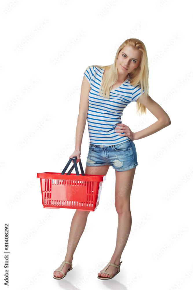 Shopping woman. Full length casual young woman standing with emp