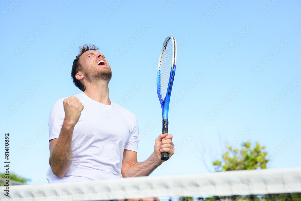 Tennis player man winning cheering victory - obrazy, fototapety, plakaty 