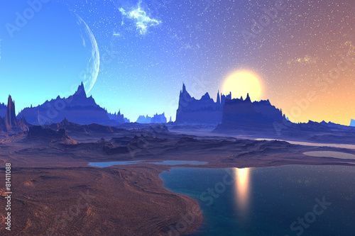 3D rendered fantasy alien planet. Rocks and  moon photo