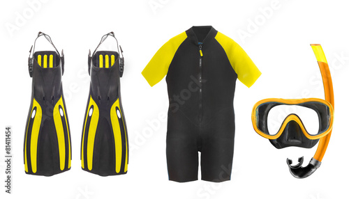 Scuba diving equipment - diving mask, wetsuit and flippers.