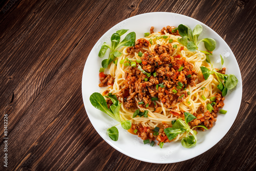 Pasta with meat, tomato sauce and vegetables Pasta with meat, tomato sauce and vegetables