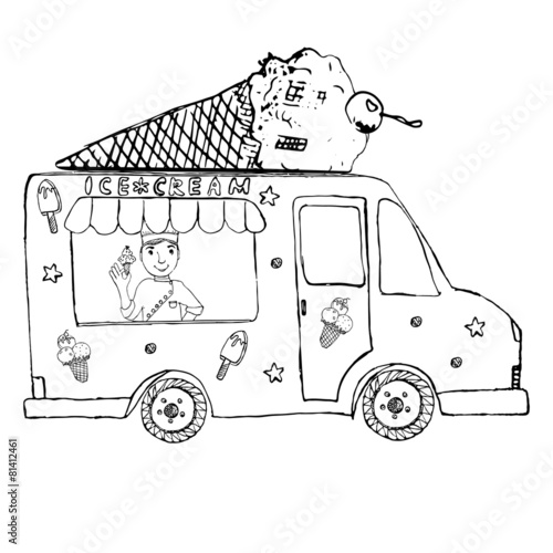 Hand drawn sketch Ice Cream Truck, with cone on top, isolated