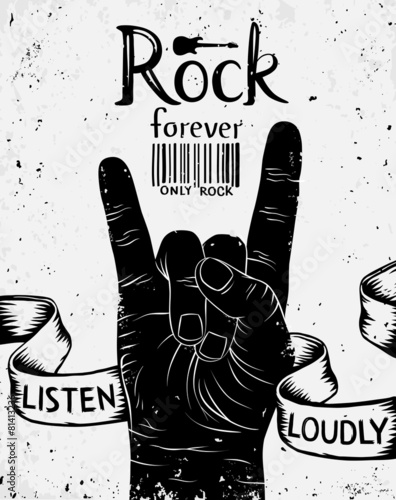 Vintage label with rock forever. Rock and Roll hand sign