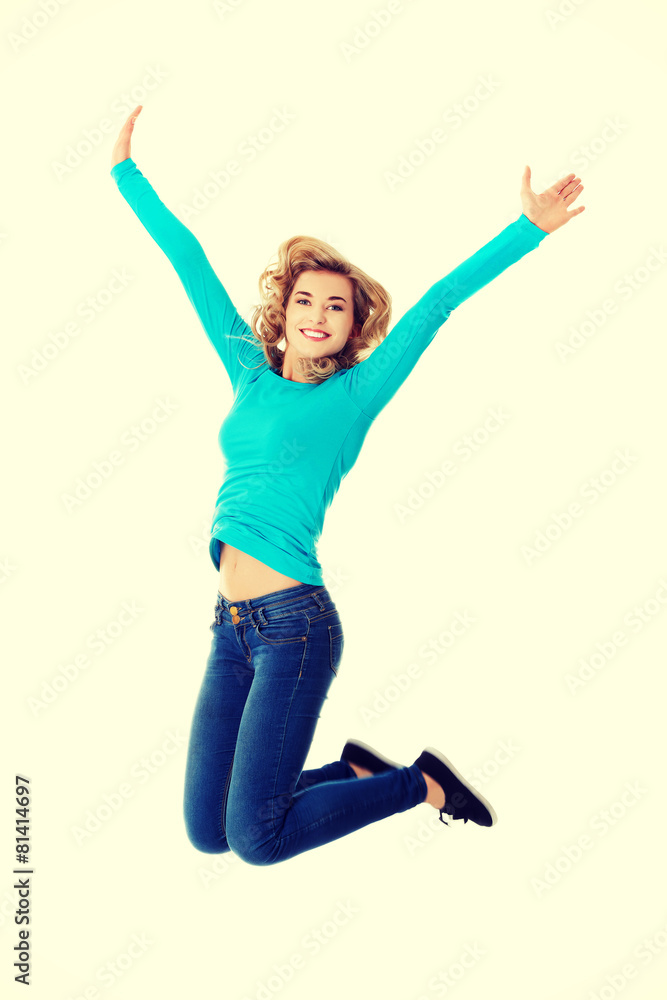 Young casual woman, student jumping. Young casual woman, student jumping.