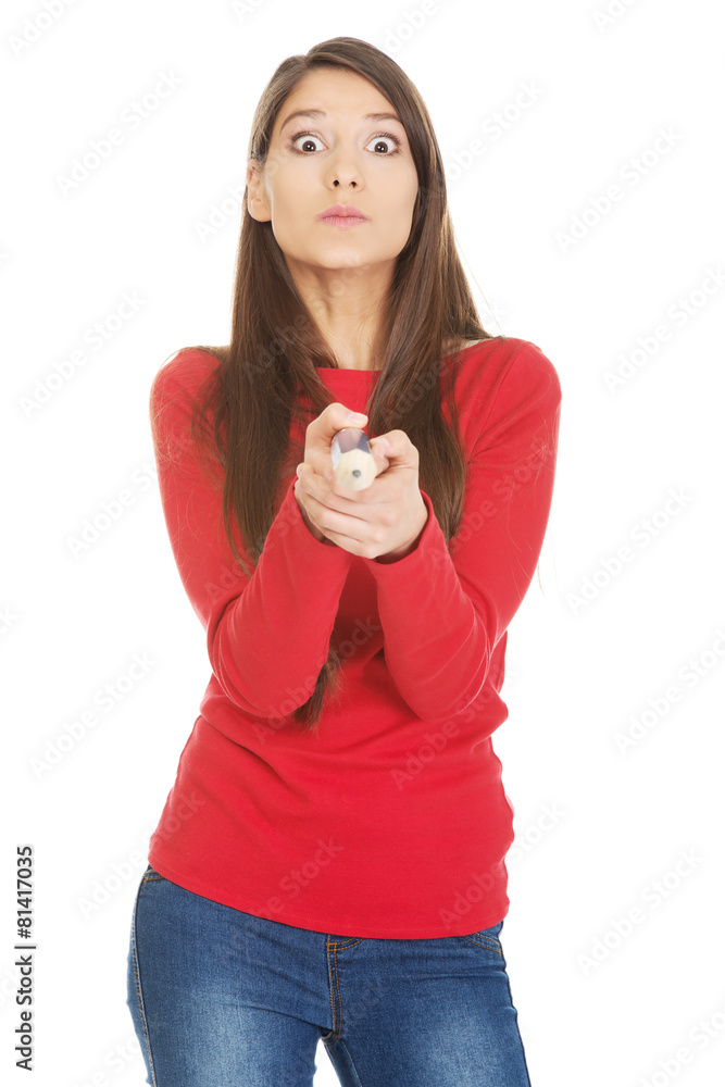 Beautiful woman pointing on you with big pencil. Beautiful woman pointing on you with big pencil.