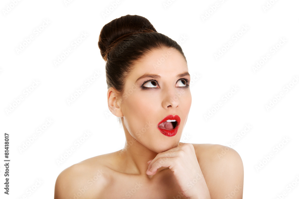 Beautiful topless shocked woman with make up. Beautiful topless shocked woman with make up.