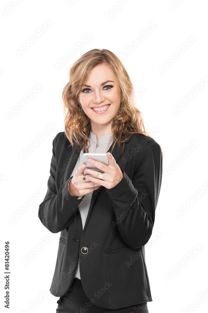 Business woman use communicator, write send message and smiling, Business woman use communicator, write send message and smiling,