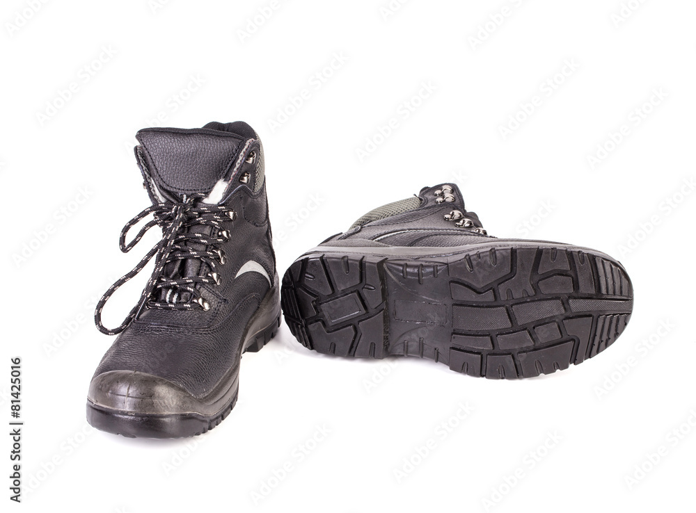 Black man's boots with gray bar.