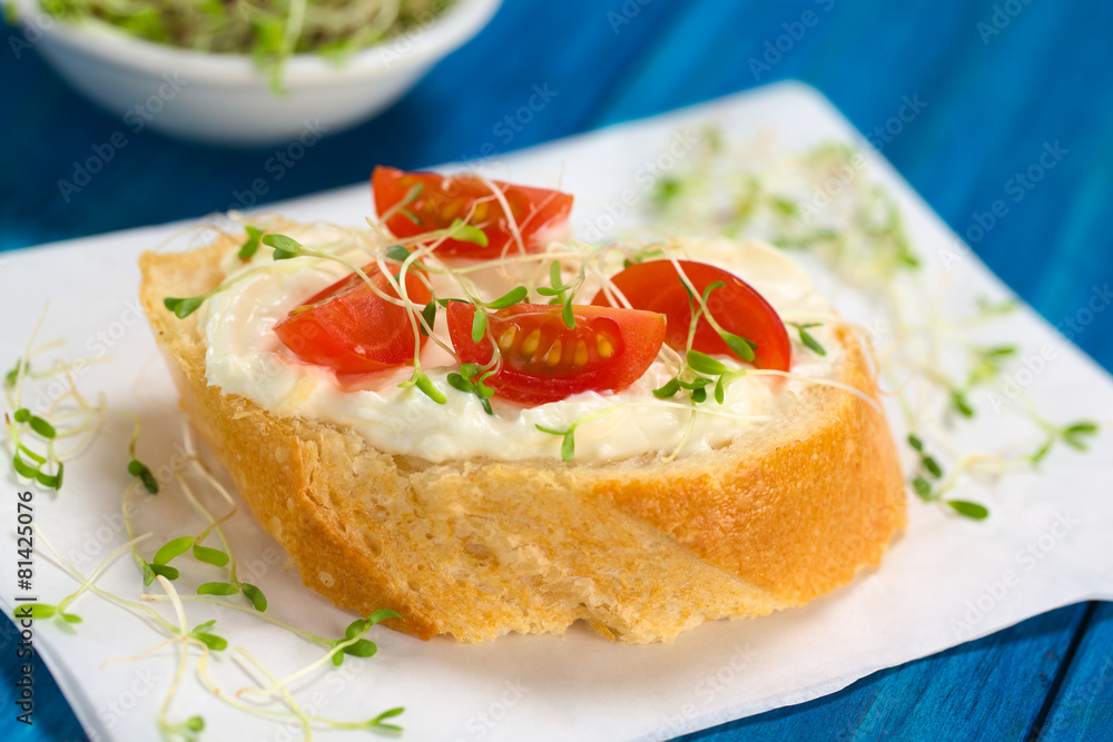 Baguette with cream cheese, cherry tomato, alfalfa sprouts Baguette with cream cheese, cherry tomato, alfalfa sprouts