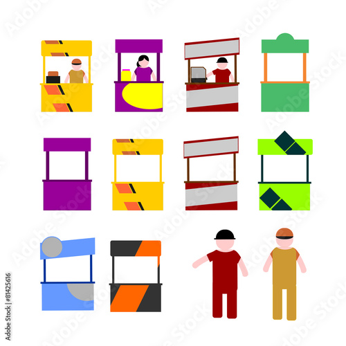Food kiosk. Food cart stalls, kiosk icon set