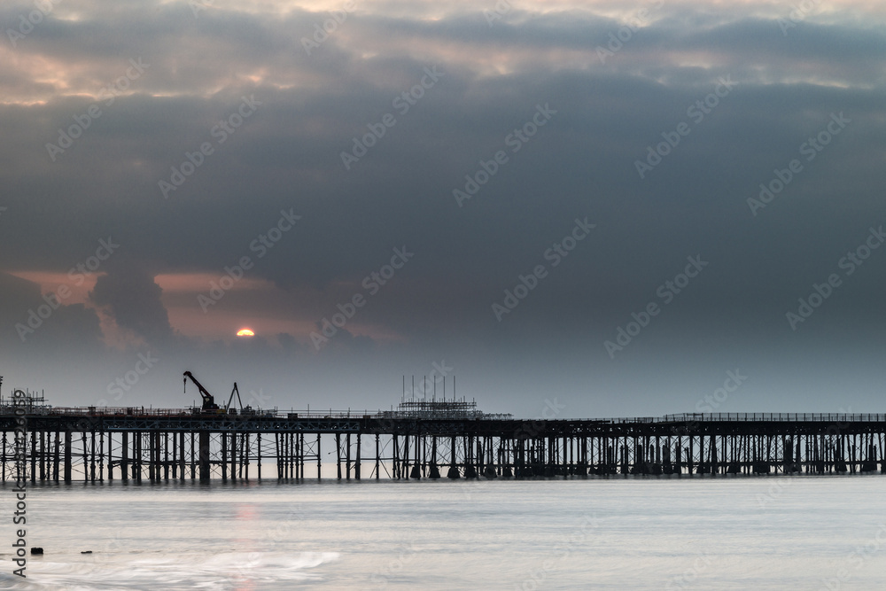 Sunrise landscape of pier under construction and development