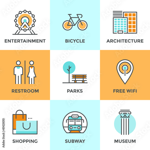 City public objects line icons set