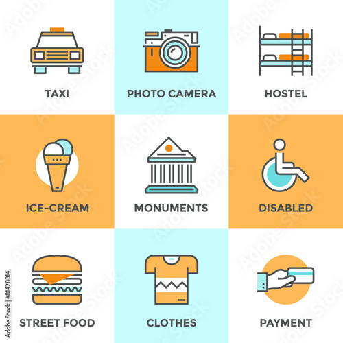 City travel elements line icons set