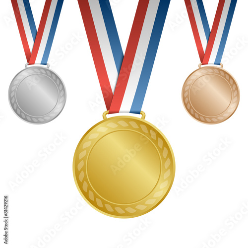 Gold, silver, bronze blank award medals with ribbons