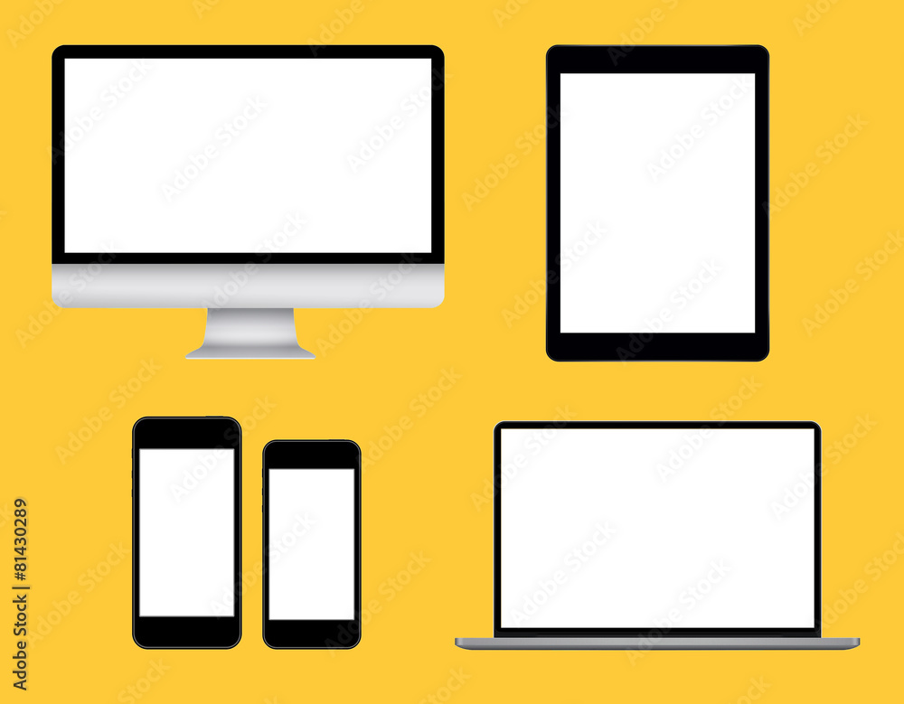 Monitor, tablet, laptop and two smartphones on yellow background Monitor, tablet, laptop and two smartphones on yellow background