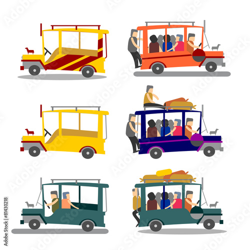 Loaded Philippine jeepney on white background