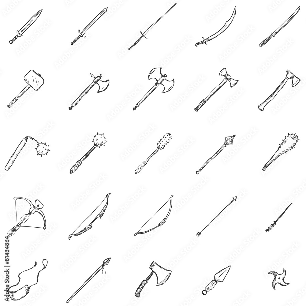 Vector Set of Sketch Medieval Weapon Icons