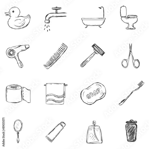 Vector Set of Sketch Bathroom and Hygiene Icons.
