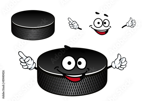 Black rubber ice hockey puck cartoon character