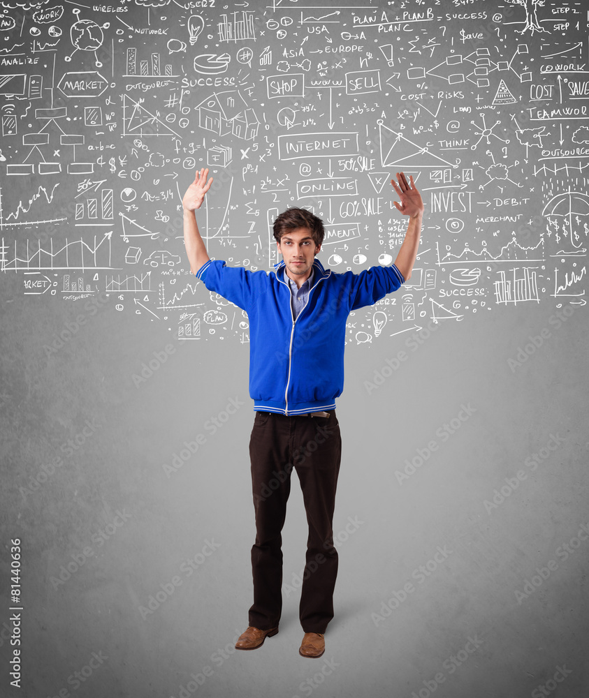Young handsome guy with hand drawn calculations and icons Young handsome guy with hand drawn calculations and icons