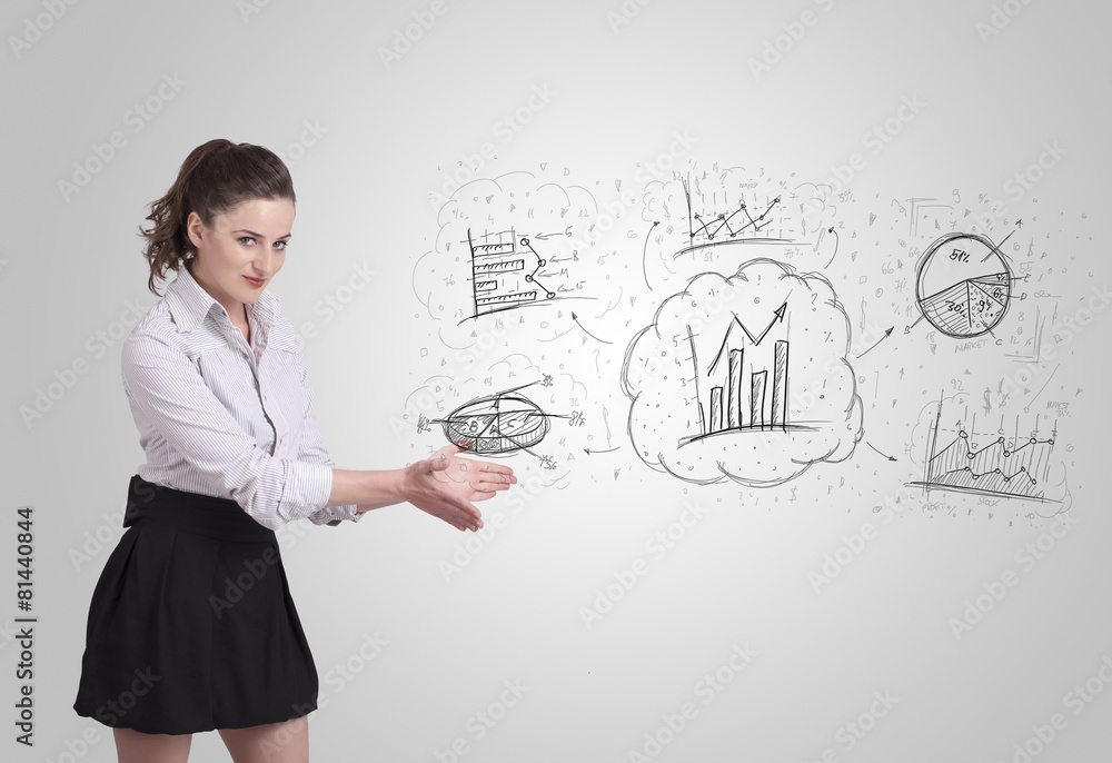 Business girl presenting hand drawn sketch graphs and charts Business girl presenting hand drawn sketch graphs and charts